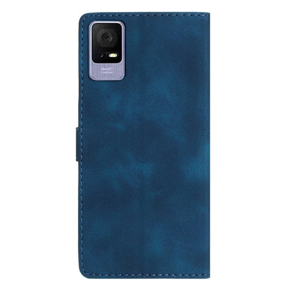Blue leather-look phone case back with camera cutout and stitched edges