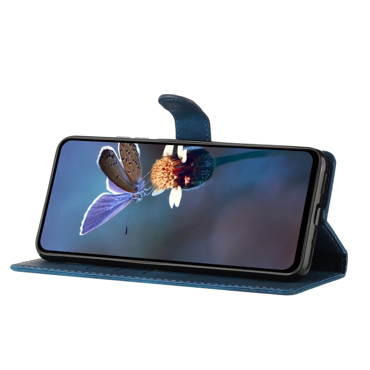 Blue leather-look folio phone case holding a phone in landscape, flip-back stand