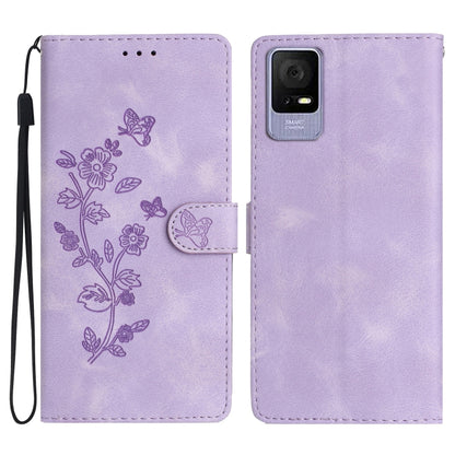 Purple leather folio phone case with embossed butterfly and flower pattern, flip strap included