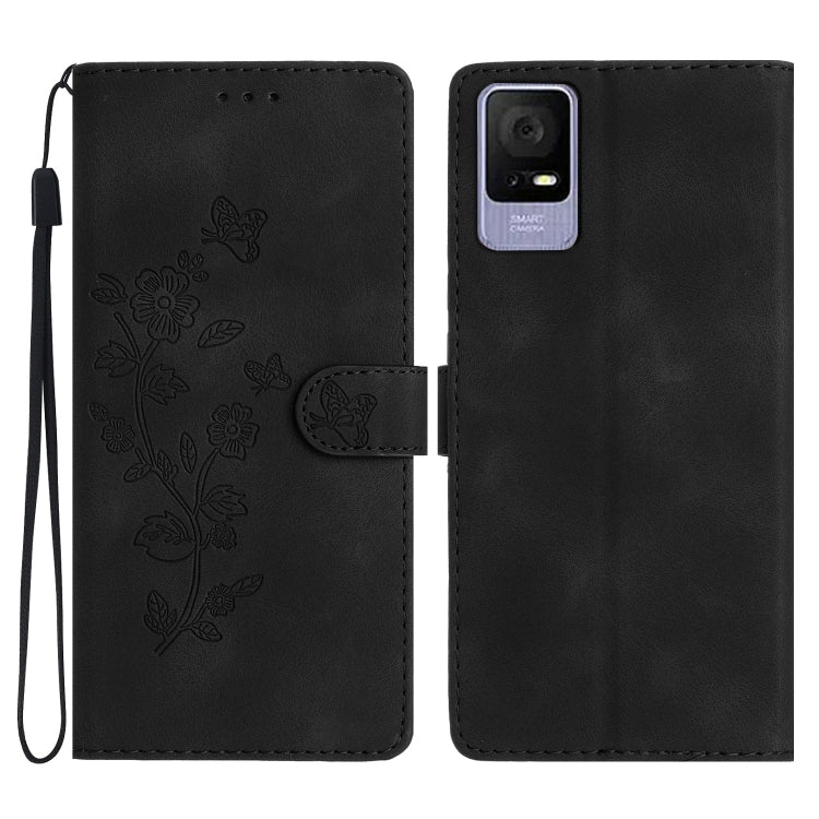 Black leather folio phone case with embossed butterfly and flower pattern, flip strap included