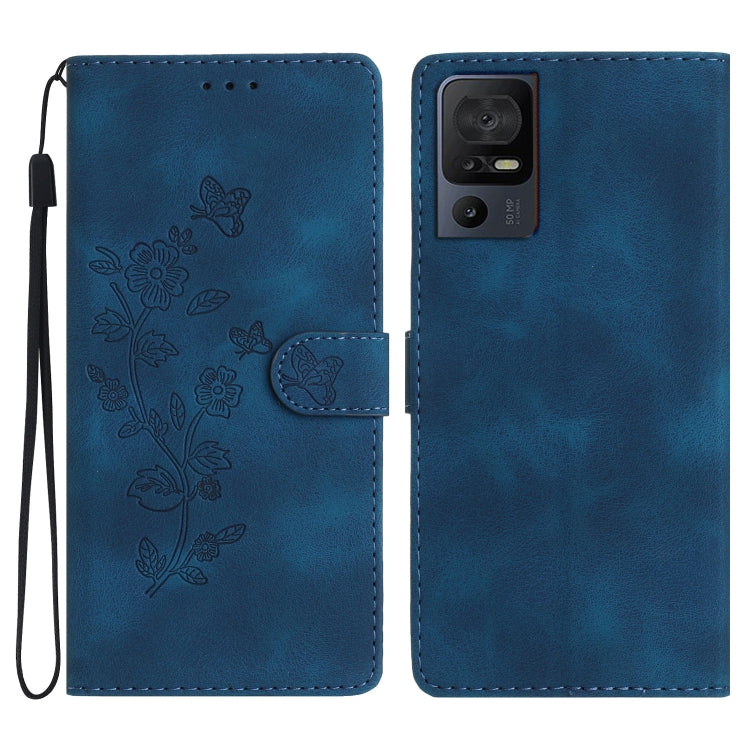 Blue leather folio phone case with embossed butterfly and flower pattern, flip strap included