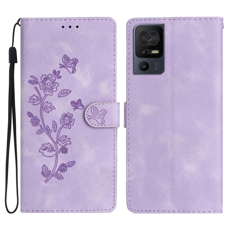 Lavender leather folio phone case with embossed butterfly and flower pattern, flip strap included