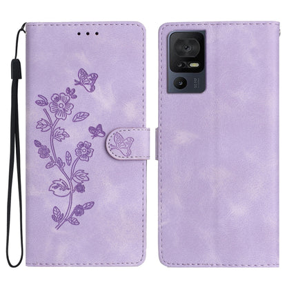 Lavender leather folio phone case with embossed butterfly and flower pattern, flip strap included