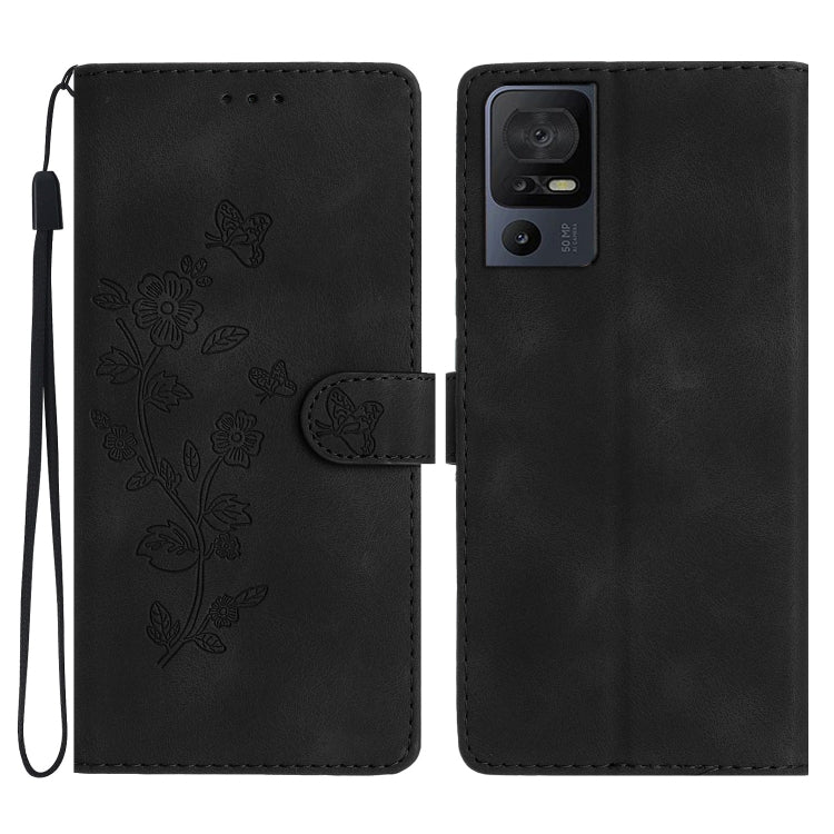 Black leather folio phone case with embossed butterfly and flower pattern and camera cutout