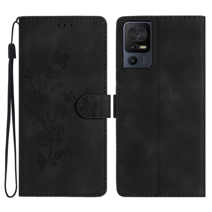 Black leather folio phone case with embossed butterfly and flower pattern and camera cutout