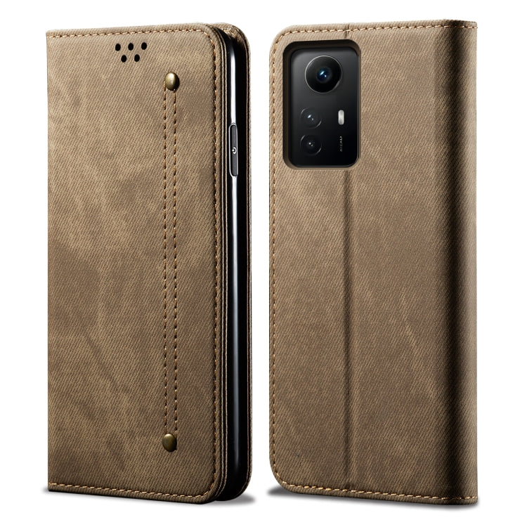 Khaki denim-texture flip leather phone case with camera cutout and stitched panel