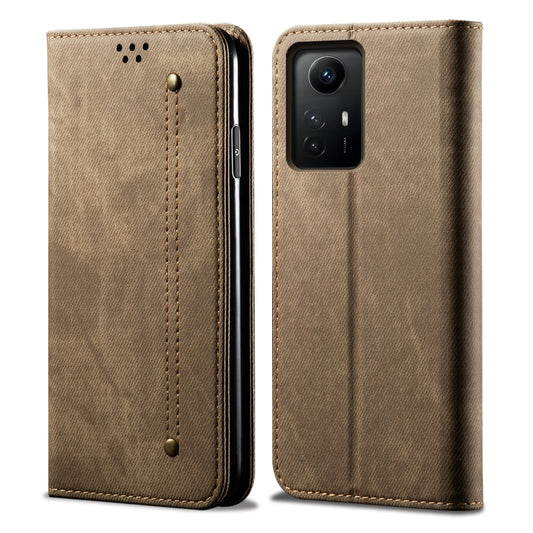 Khaki denim-texture flip leather phone case with camera cutout and stitched panel