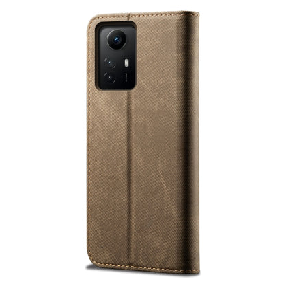 Khaki denim-texture flip leather phone case, back view with camera opening