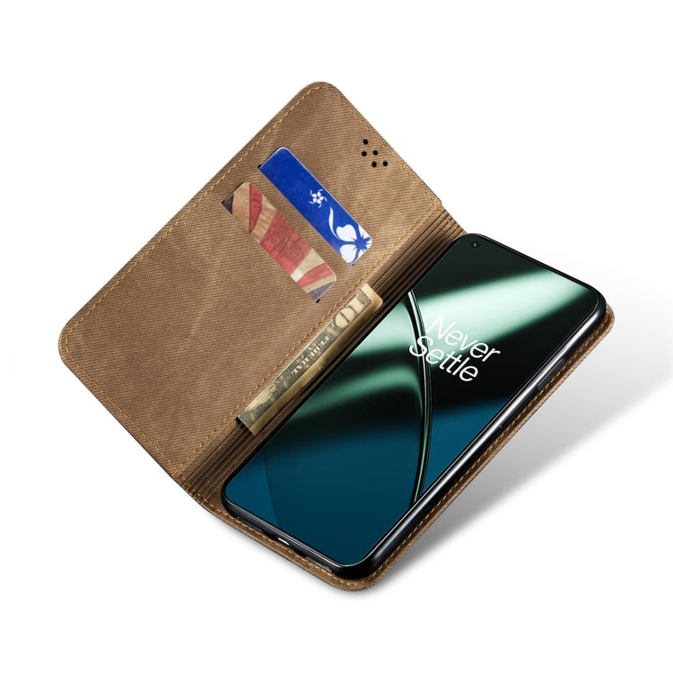 Khaki denim-texture flip phone case with card slot and phone inside