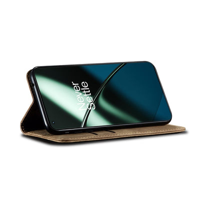 Khaki denim-texture flip leather phone case closed over phone screen