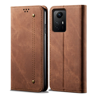 Brown denim-texture flip leather phone case with snap button and stitching