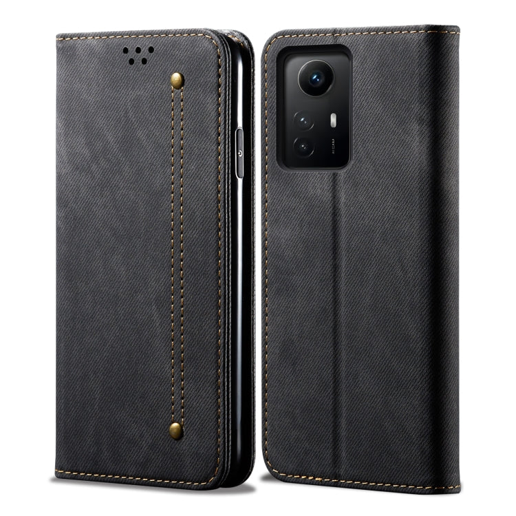 Black denim-texture flip leather phone case with camera cutout and stitched panel