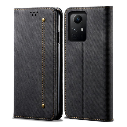 Black denim-texture flip leather phone case with camera cutout and stitched panel