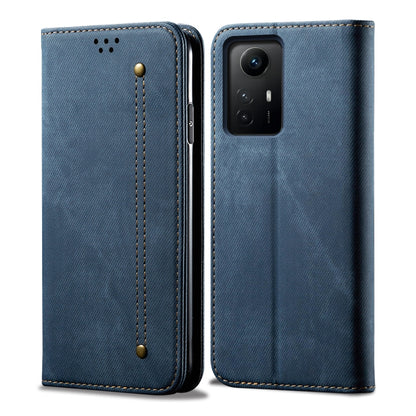Blue denim-texture flip leather phone case with camera cutout and stitched panel