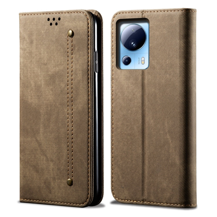 Khaki denim-texture flip leather phone case, front and back showing camera cutout