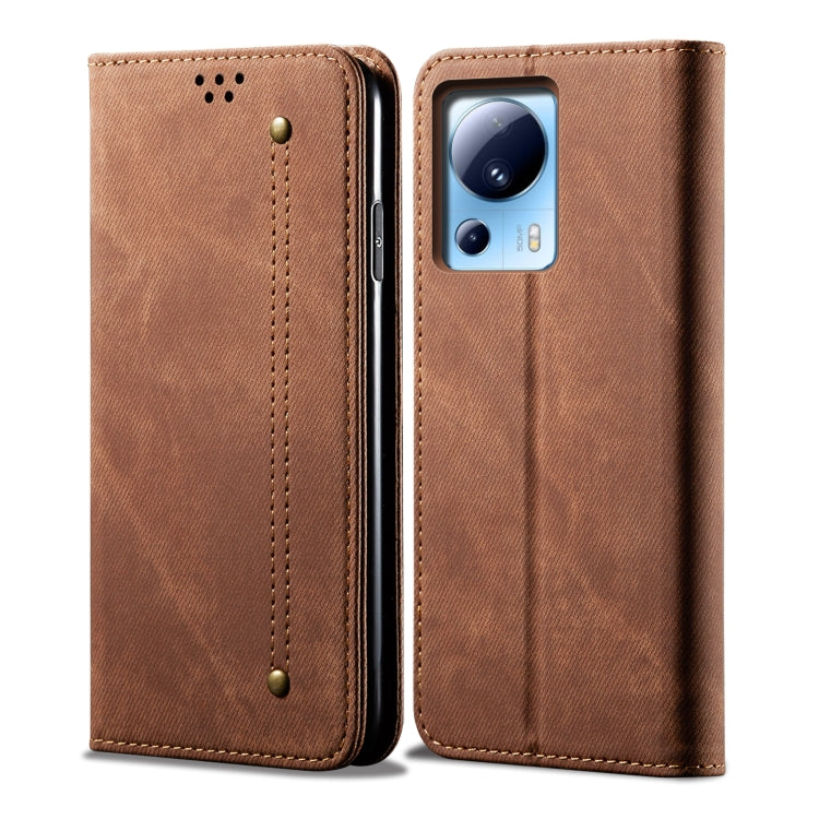 Khaki flip phone case with denim texture, leather-look edges and camera cutout