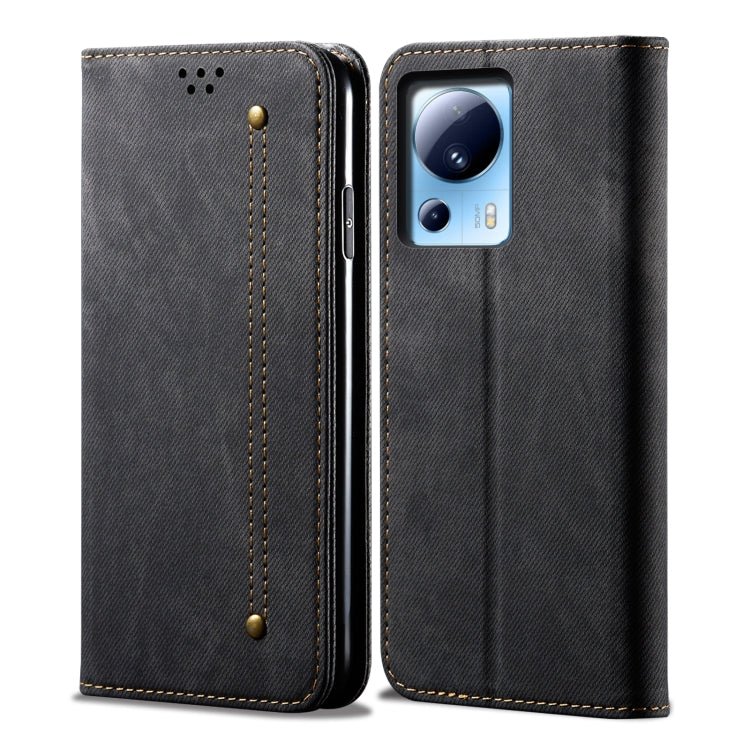 Dark flip phone case with denim texture and camera cutout, leather-look edges