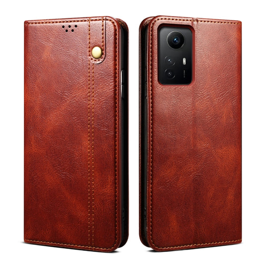 Brown crazy horse leather phone case with top camera cutout and magnetic button strap