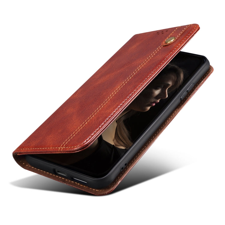 Brown folio leather phone case with flip cover open, showing phone screen and side ports