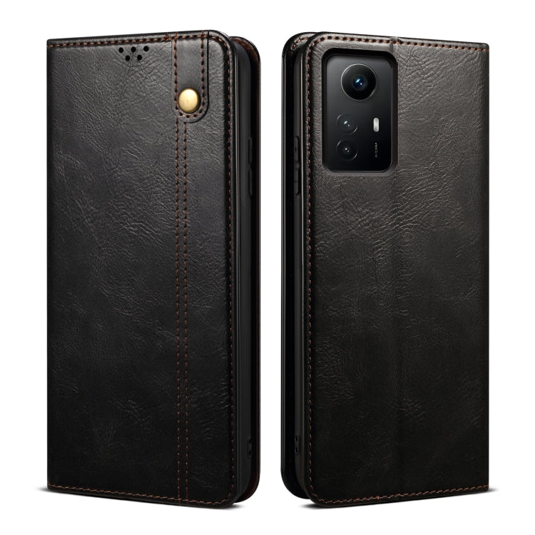 Black crazy horse leather phone case with camera cutout, perforation, and magnetic button