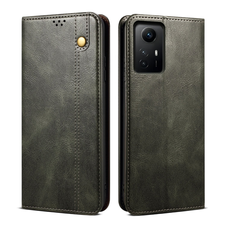 Green crazy horse leather phone case with camera cutout, perforation, and stitched edges