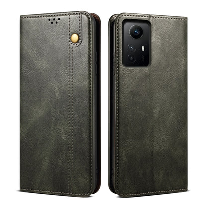 Green crazy horse leather phone case with camera cutout, perforation, and stitched edges