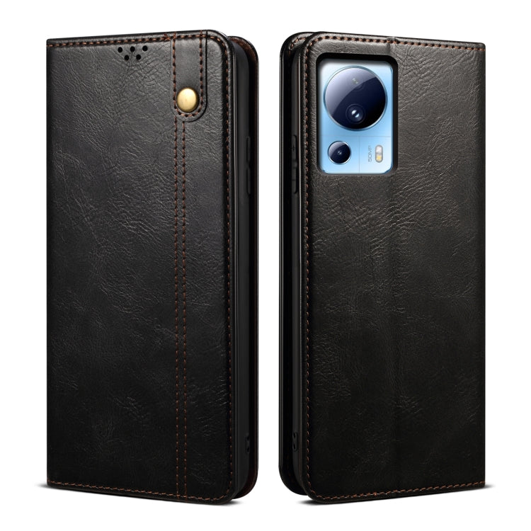 Brown oil-wax leather phone case with top flip and stitched edges