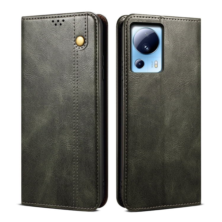 Green oil-wax leather phone case with top flip and stitched edges