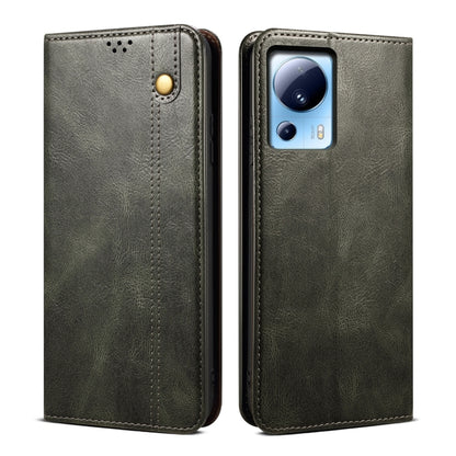 Green oil-wax leather phone case with top flip and stitched edges