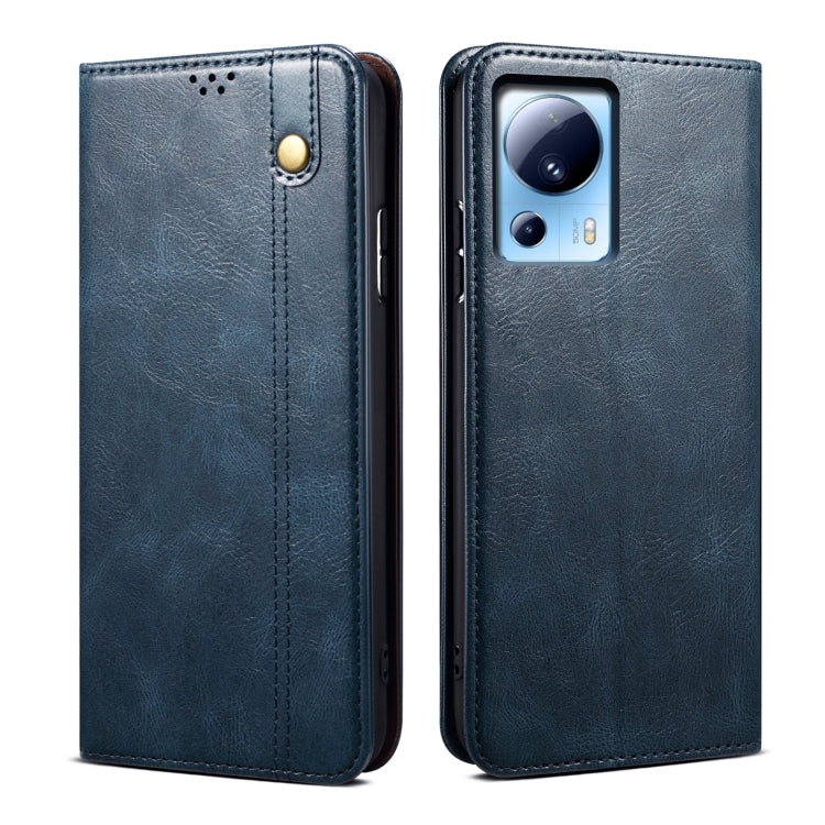 Blue oil-wax leather phone case with top flip and stitched edges