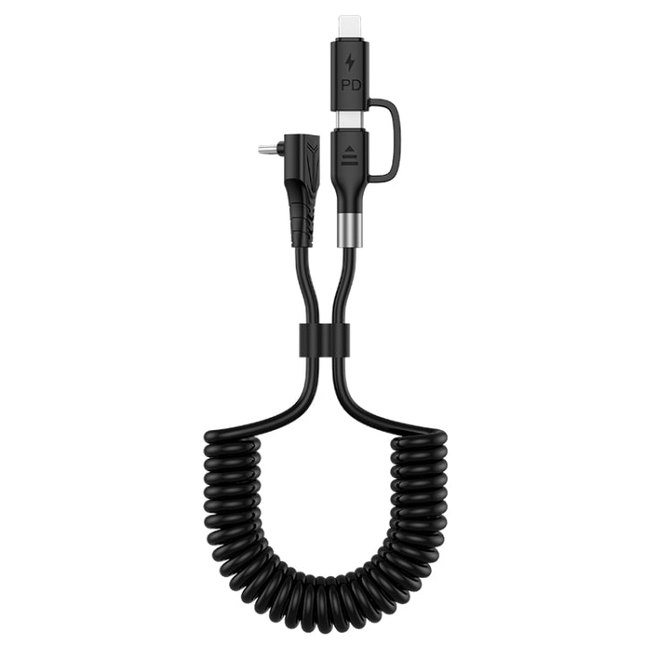 Coiled spring charging cable with Type-C and 8-pin connectors, black cord with silver plug