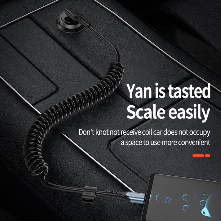 Coiled spring charging cable with USB Type-C end, black spiral cable