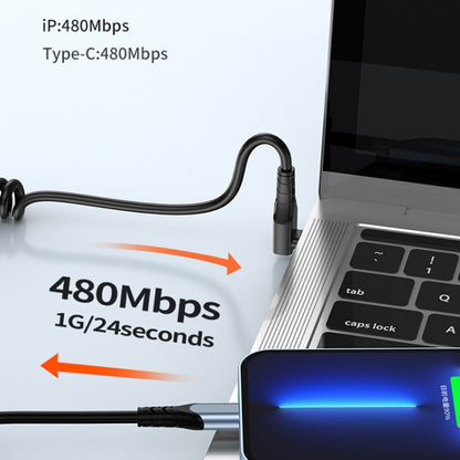 Coiled charging cable with Type-C plug and 8-pin connector, black spiral cord