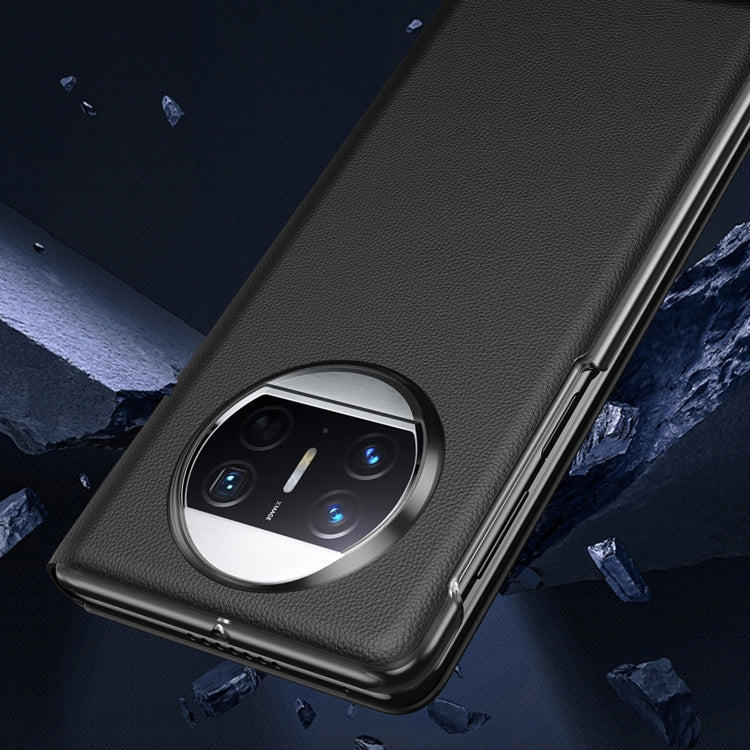 Black folding protective phone case with camera window and raised edges for Huawei Mate X3.