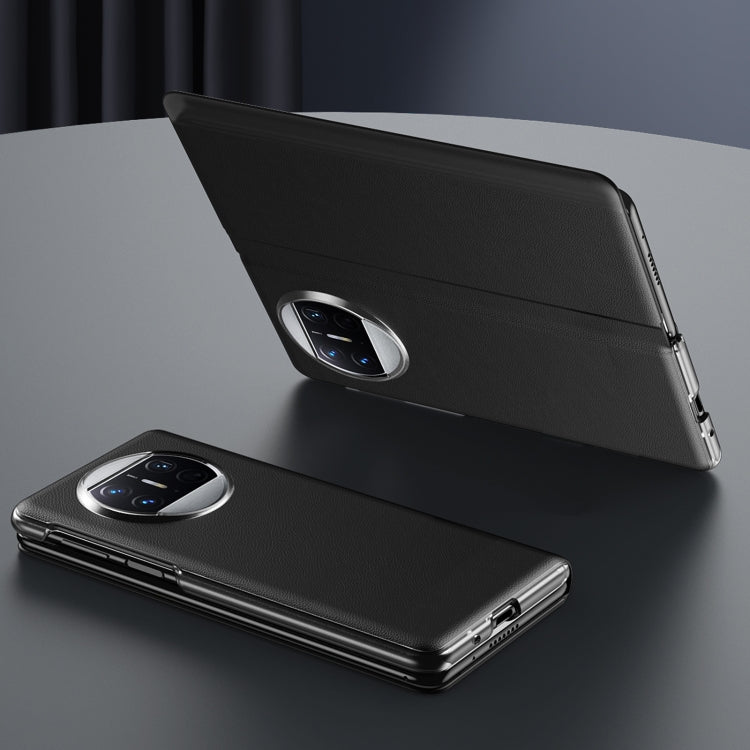 Black folding protective phone case with camera window, shown closed and folded for Huawei Mate X3.