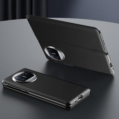 Black folding protective phone case with camera window, shown closed and folded for Huawei Mate X3.