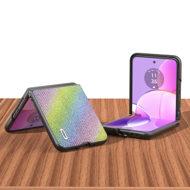 Rainbow diamond-edge phone case shown with kickstand in tablet mode for foldable phone