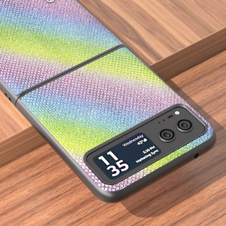Rainbow glitter diamond-edge phone case corner and camera cutout detail