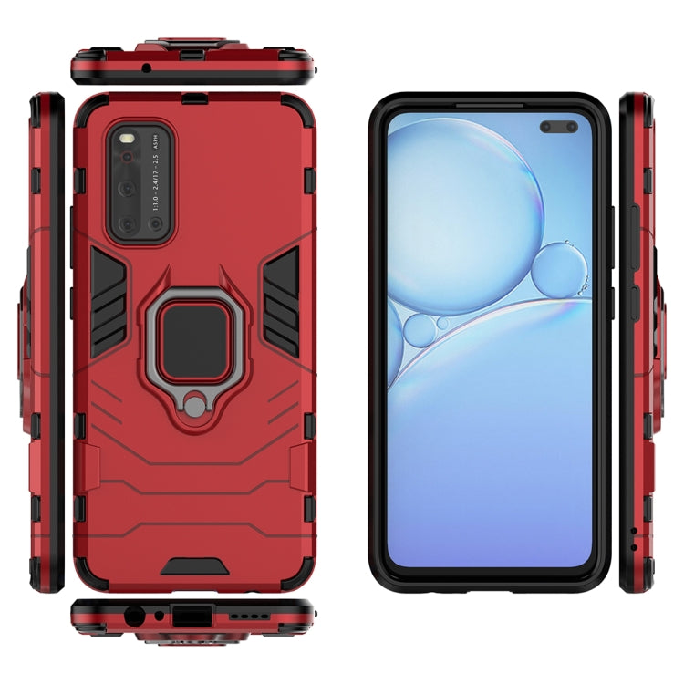 Red armor phone case with ring holder, front and back views, port cutouts