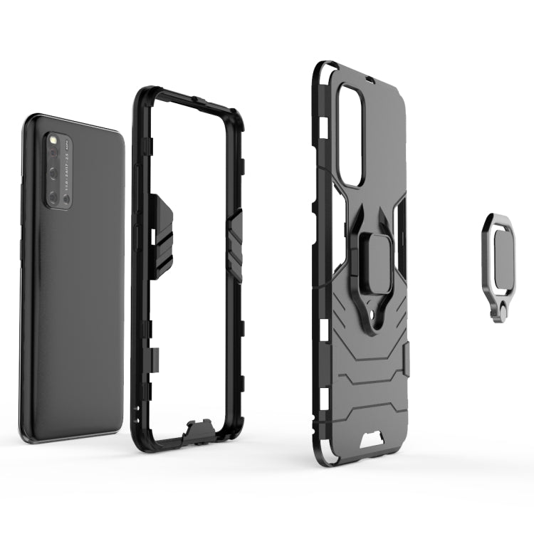 Black and gray armor phone case set with ring holder, shown open with back piece