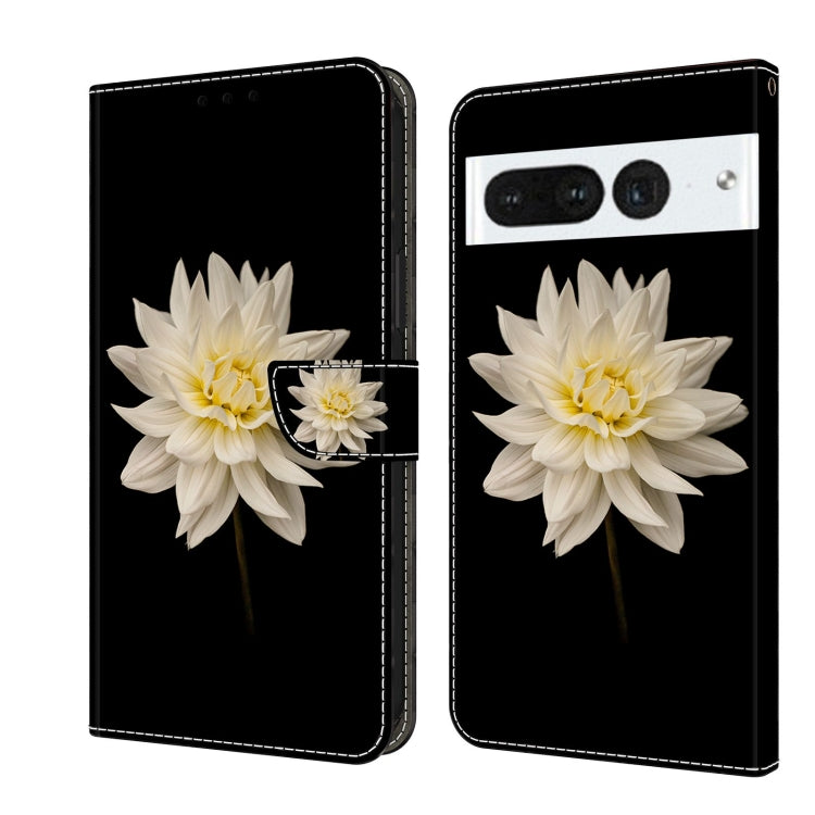 Wallet-style phone case with large white flower graphic on dark background