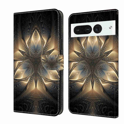 Wallet-style phone case with gold and blue ornate feather pattern on dark base