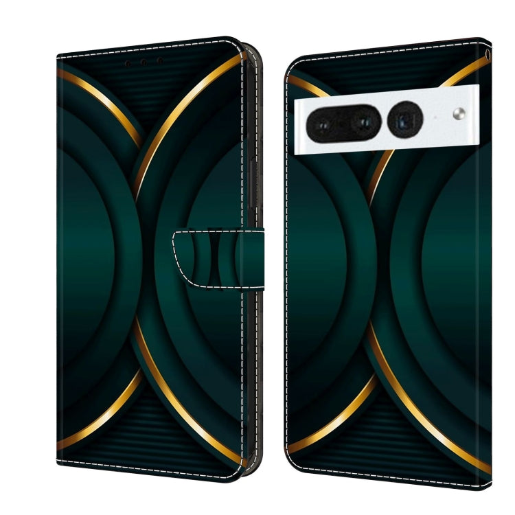 Wallet-style phone case with teal and dark green curved panels and gold trim