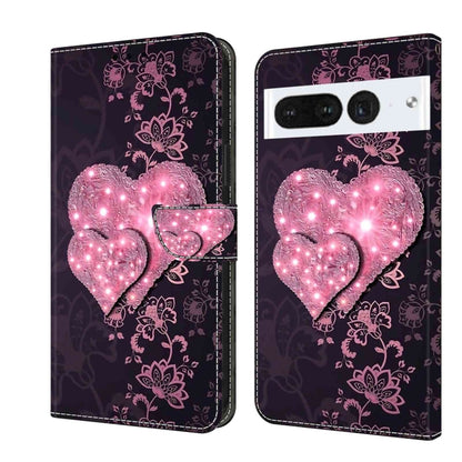 Wallet-style phone case with glowing pink heart lights and floral lace pattern