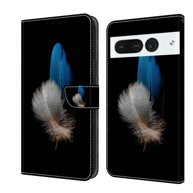 Wallet-style phone case with blue feather-flower design on dark background