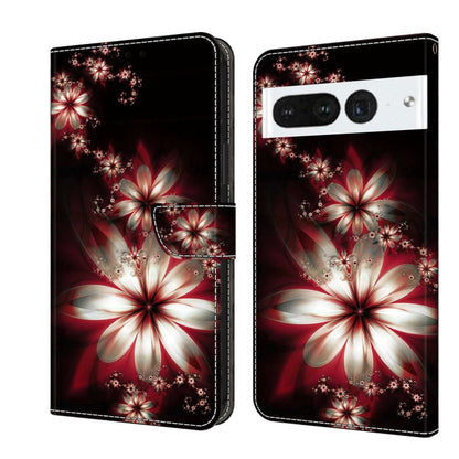 Wallet-style phone case with red and white flower burst art on dark base