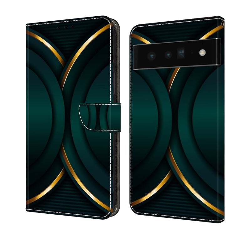 Leather phone case with dark teal geometric arcs and gold trim accents