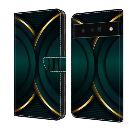 Leather phone case with dark teal geometric arcs and gold trim accents