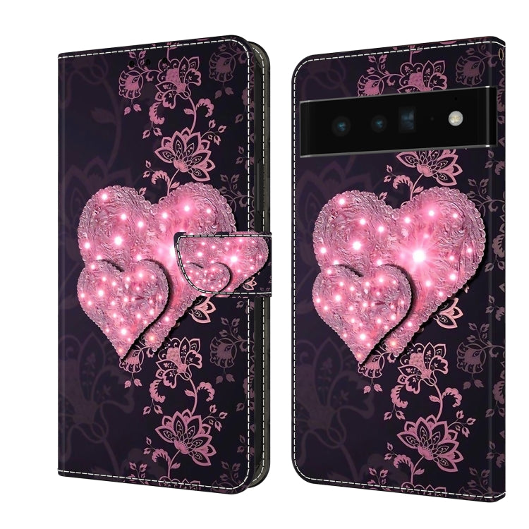 Leather phone case with glowing pink heart lights and floral damask pattern