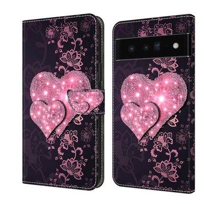 Leather phone case with glowing pink heart lights and floral damask pattern